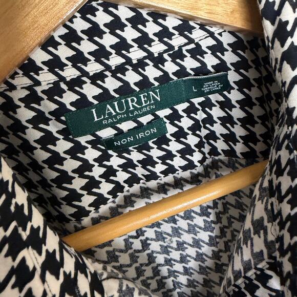 Lauren Ralph Lauren Black White Houndstooth Button-Down Non-Iron Shirt Large - Picture 2 of 9